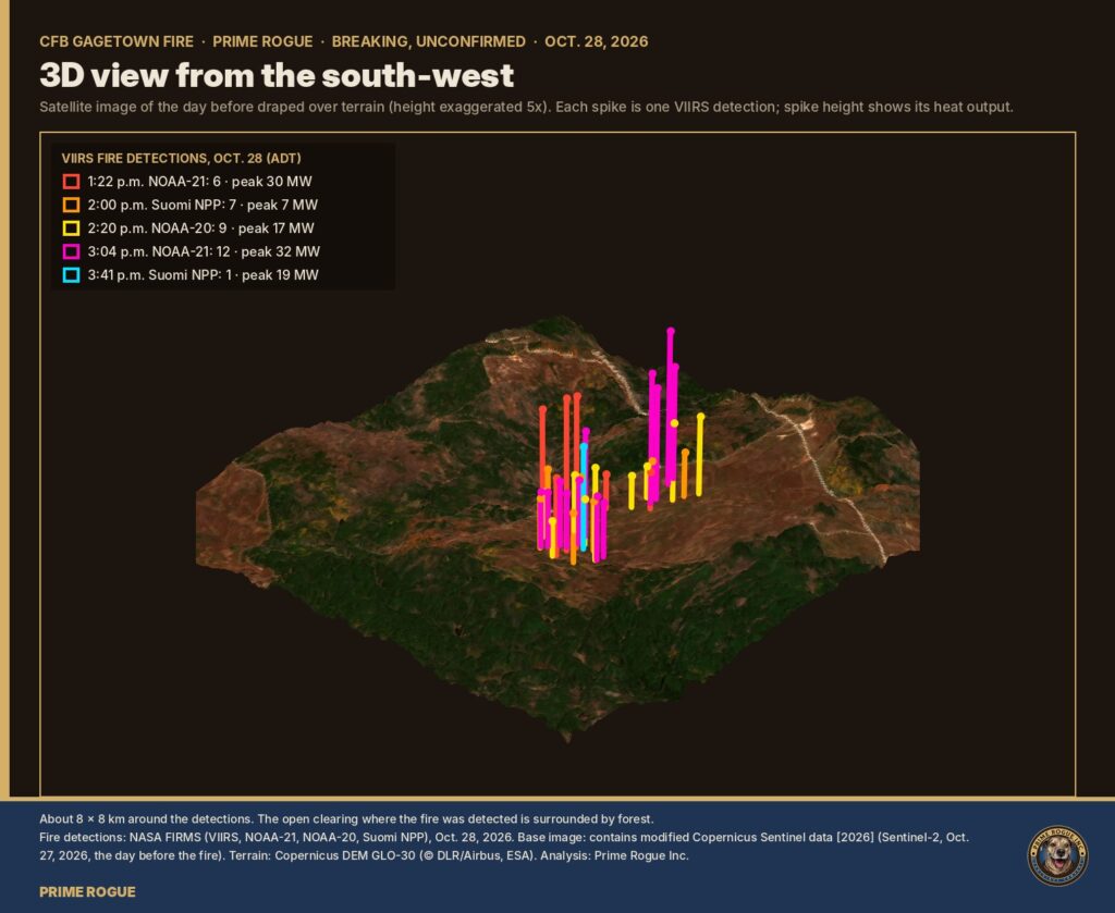 3D view of the CFB Gagetown clearing from the South-West, with spikes showing the heat output of each satellite fire detection