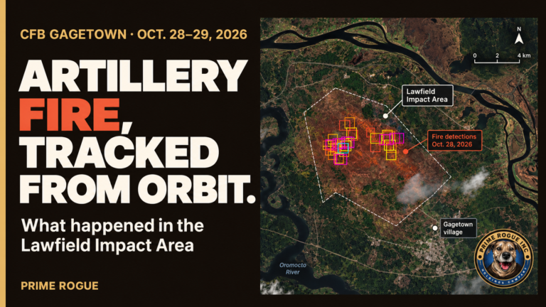 Prime Rogue Inc. investigative header for the October 28–29, 2026 CFB Gagetown artillery fire, showing satellite imagery of the Lawfield Impact Area with colour-coded VIIRS fire detections, nearby Gagetown village, and Prime Rogue branding.