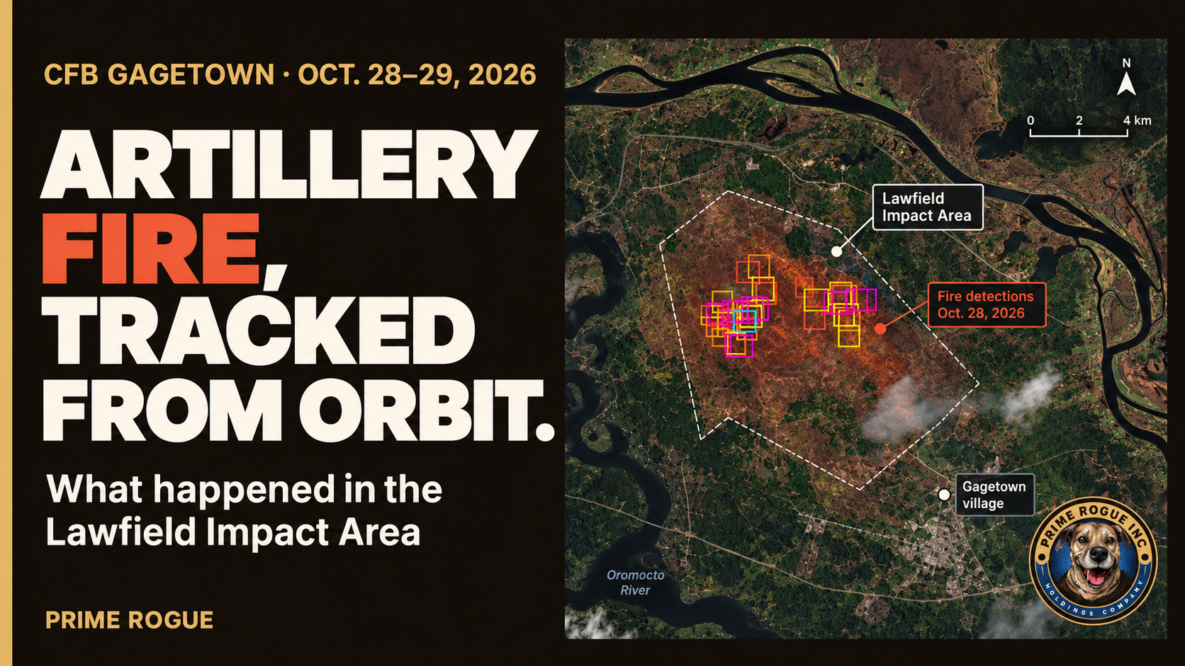 Prime Rogue Inc. investigative header for the October 28–29, 2026 CFB Gagetown artillery fire, showing satellite imagery of the Lawfield Impact Area with colour-coded VIIRS fire detections, nearby Gagetown village, and Prime Rogue branding.