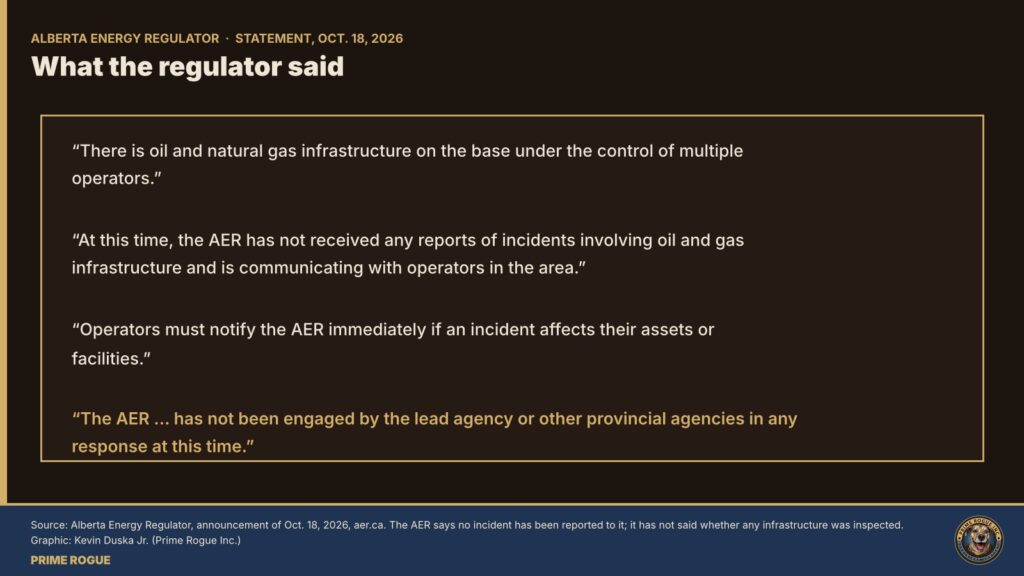 Text card quoting the Alberta Energy Regulator’s Oct. 18 statement: there is oil and gas infrastructure on the base run by multiple operators, no incidents have been reported, operators must report immediately, and the AER has not been engaged by the lead agency or provincial agencies.