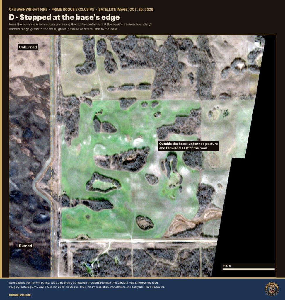 Satellite image of the CFB Wainwright burn ending at the base boundary road, with green pasture and farmland to the east