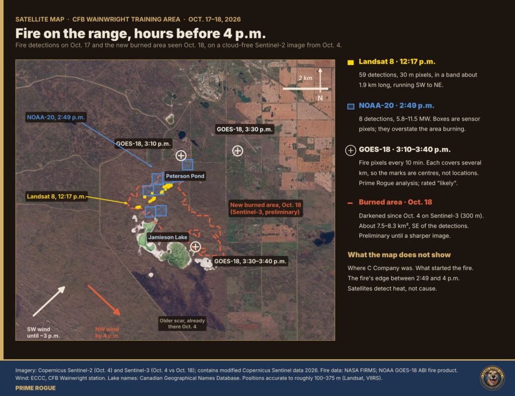 Satellite map of the CFB Wainwright training area showing Landsat 8 fire detections at 12:17 p.m., NOAA-20 detections at 2:49 p.m., GOES-18 fire pixel centres from 3:10 to 3:40 p.m., and a preliminary outline of the area burned by Oct. 18, extending southeast from the detections.