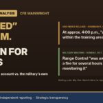 Analysis header reading “Ignited” at 4 p.m. vs. known for hours: National Defence’s account vs. the military’s own. Two quote cards compare DND’s overnight Oct. 18 news release, which says at approximately 4:00 p.m. “a fire ignited within the training area,” with the Sunday military briefing, where Range Control “was aware there was a fire for several hours and were monitoring it.”