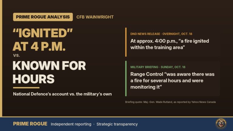 Analysis header reading “Ignited” at 4 p.m. vs. known for hours: National Defence’s account vs. the military’s own. Two quote cards compare DND’s overnight Oct. 18 news release, which says at approximately 4:00 p.m. “a fire ignited within the training area,” with the Sunday military briefing, where Range Control “was aware there was a fire for several hours and were monitoring it.”