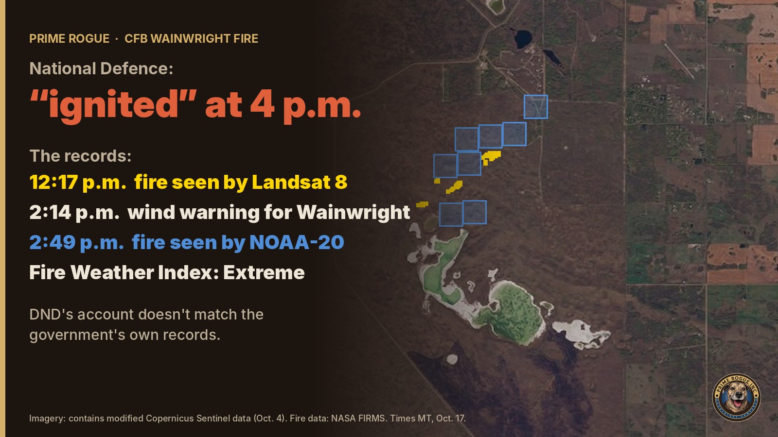 Header graphic: National Defence said the fire "ignited" at 4 p.m.; records show fire at 12:17 and 2:49 p.m., a 2:14 p.m. wind warning and an Extreme fire-danger rating.