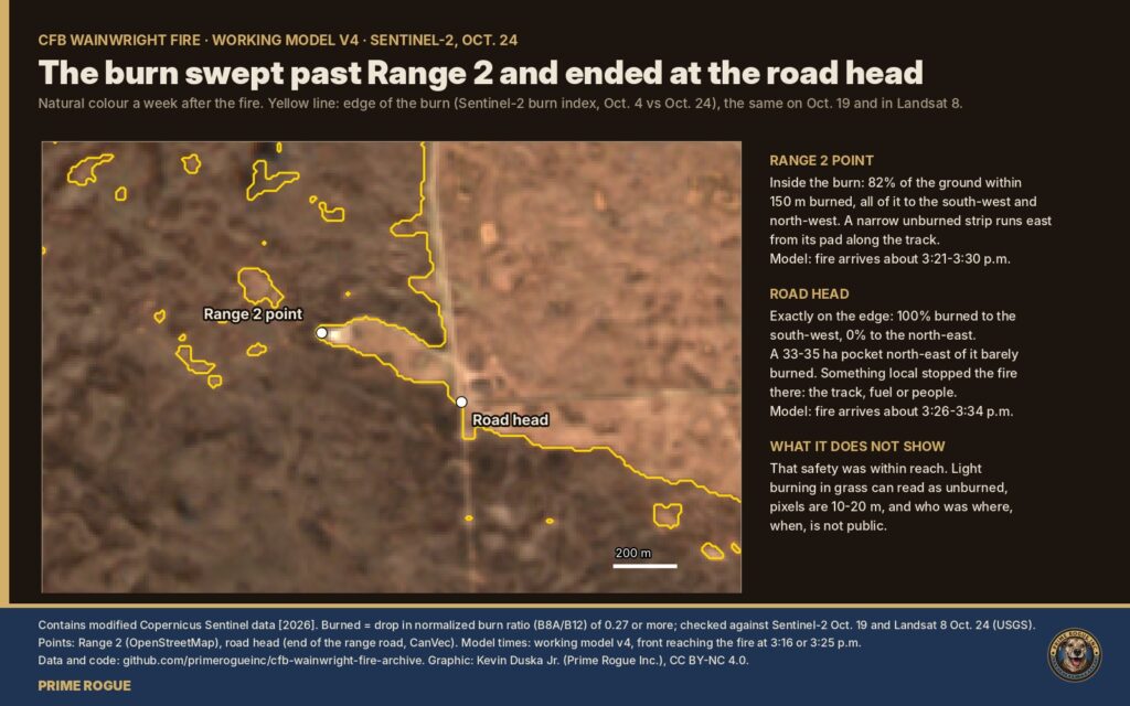 Satellite burn map: Range 2 lies inside the burn and the road head on its edge, with an unburned pocket to the north-east.