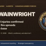 Prime Rogue live coverage graphic reading CFB Wainwright: deaths and injuries confirmed after range fire spreads beyond the base, with the Prime Rogue Inc. logo