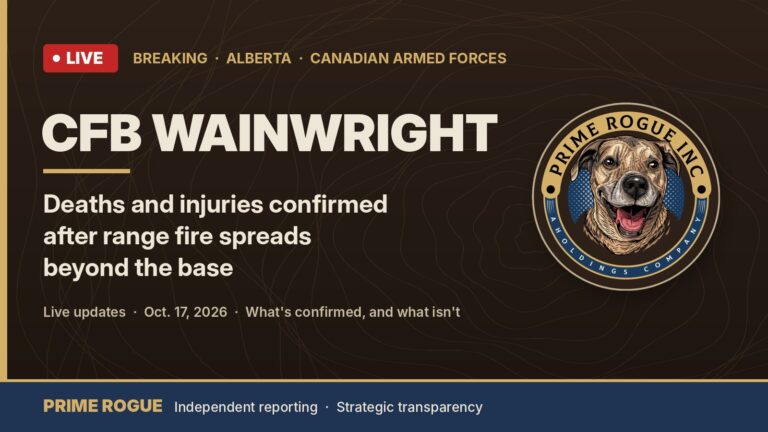Prime Rogue live coverage graphic reading CFB Wainwright: deaths and injuries confirmed after range fire spreads beyond the base, with the Prime Rogue Inc. logo