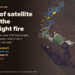 Prime Rogue full analysis header reading A week of satellite data on the Wainwright fire. Every NASA detection near CFB Wainwright, Oct. 12 to 18: what it shows, what it can't, and what the military has said. A Sentinel-2 satellite image of the training area shows a saline lake with NASA fire detections plotted on it: yellow Landsat 8 detections and blue NOAA-20 squares from Oct. 17 north of the lake, a white NOAA-21 square from Oct. 14 on the lake's west shore, and orange squares from Oct. 18 to the southeast. Every NASA fire detection near CFB Wainwright from Oct. 12 to 18, on a Sentinel-2 image of the training area taken Oct. 4. (Imagery: contains modified Copernicus Sentinel data. Fire data: NASA FIRMS. Graphic: Prime Rogue Inc.)