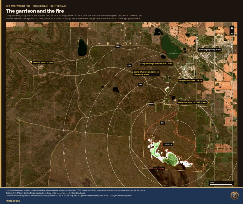 Map showing the Camp Wainwright garrison, the town of Wainwright and nearby airfields, with distance rings from the Oct. 17 fire.