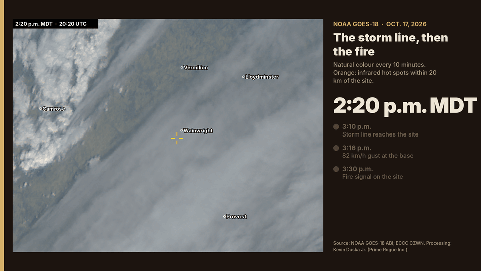 Animated satellite loop of the Wainwright region showing a line of cloud sweeping east across the base and an orange fire signal appearing on the site at 3:30 p.m.