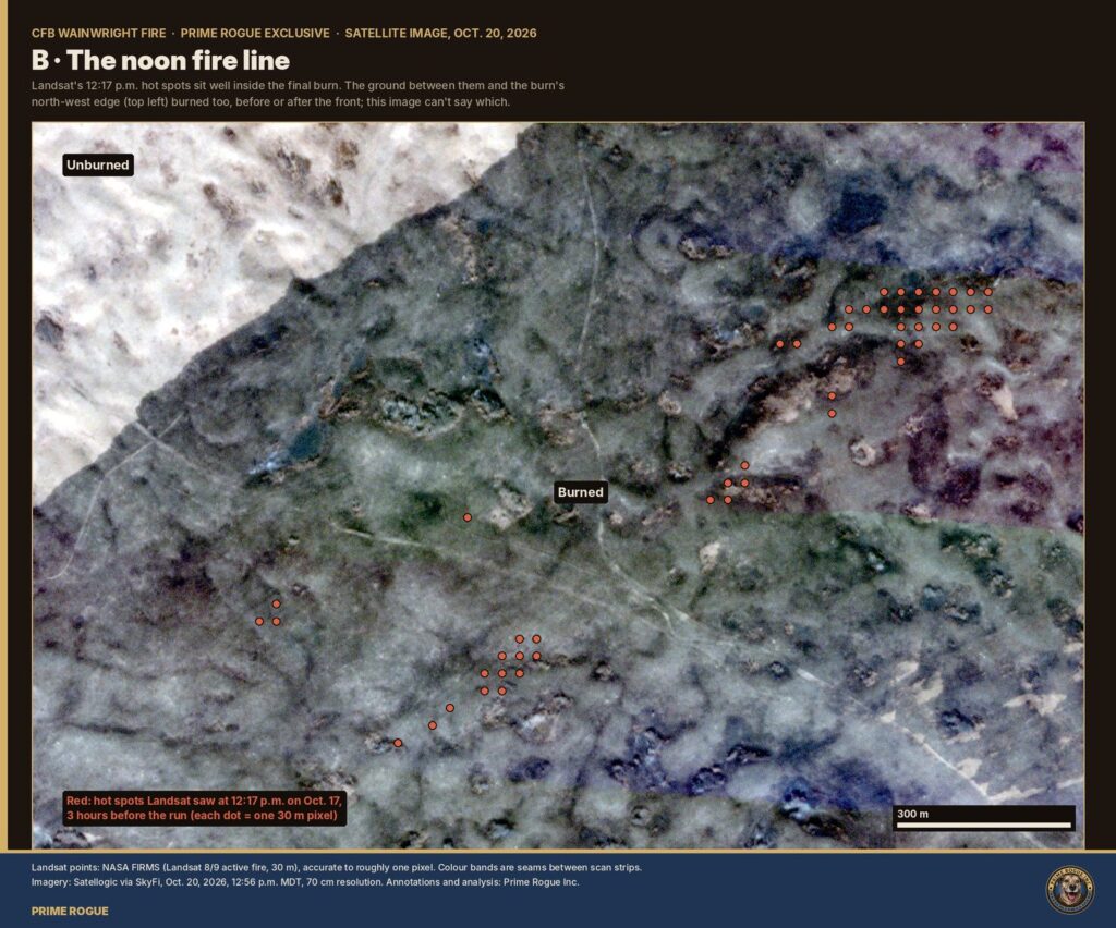 Satellite image of the CFB Wainwright burn with the Landsat 12:17 p.m. fire detections plotted as red dots inside the burn