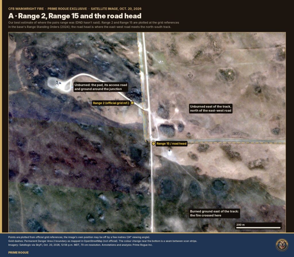 Satellite close-up of Range 2, Range 15 and the road head at CFB Wainwright after the fire, showing unburned ground around the pad and junction and burned ground around it