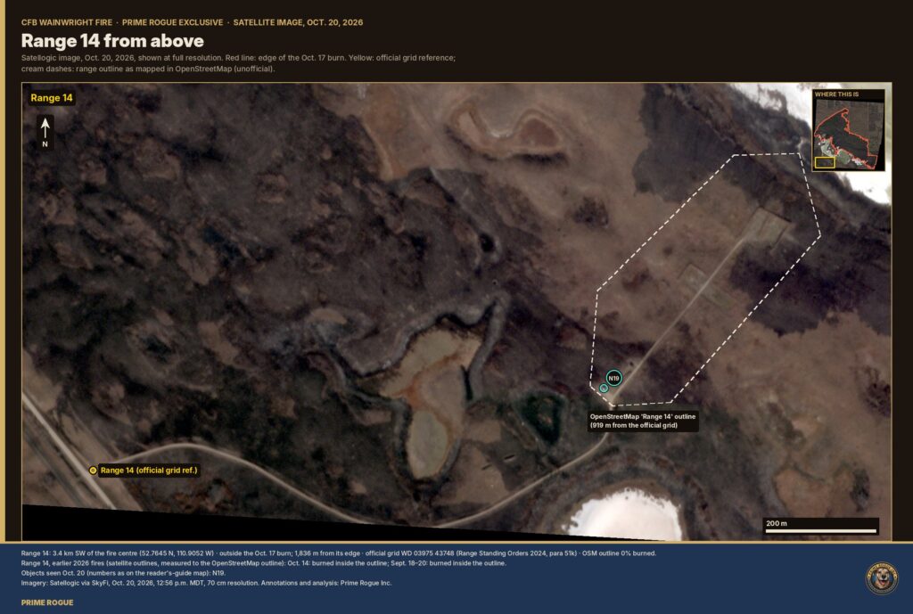 Satellite close-up of the Range 14 demolition range area at the south-west edge of the image, on ground darkened by earlier fires.