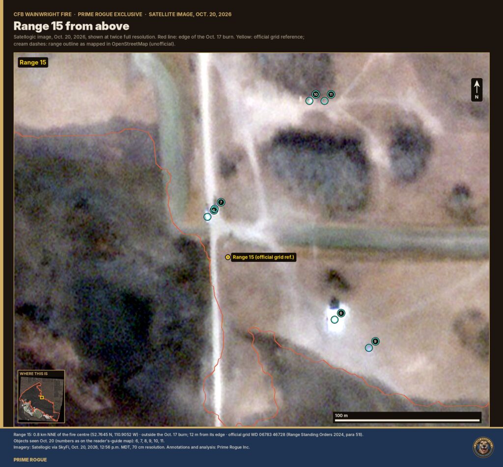 Satellite close-up of Range 15 and the road head at CFB Wainwright, with objects on the ground marked.