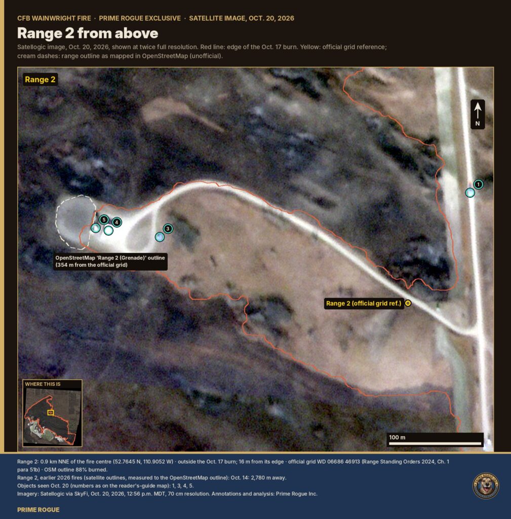 Satellite close-up of Range 2 at CFB Wainwright, showing its access road, gravel pad and the edge of the burn.