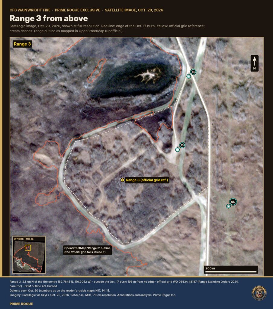 Satellite close-up of Range 3, the Jungle Lane, at CFB Wainwright, at the north tip of the burn.