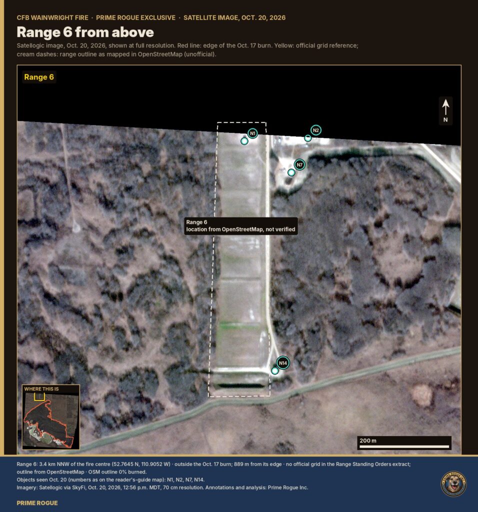 Satellite close-up of a long range lane north of the CFB Wainwright burn.