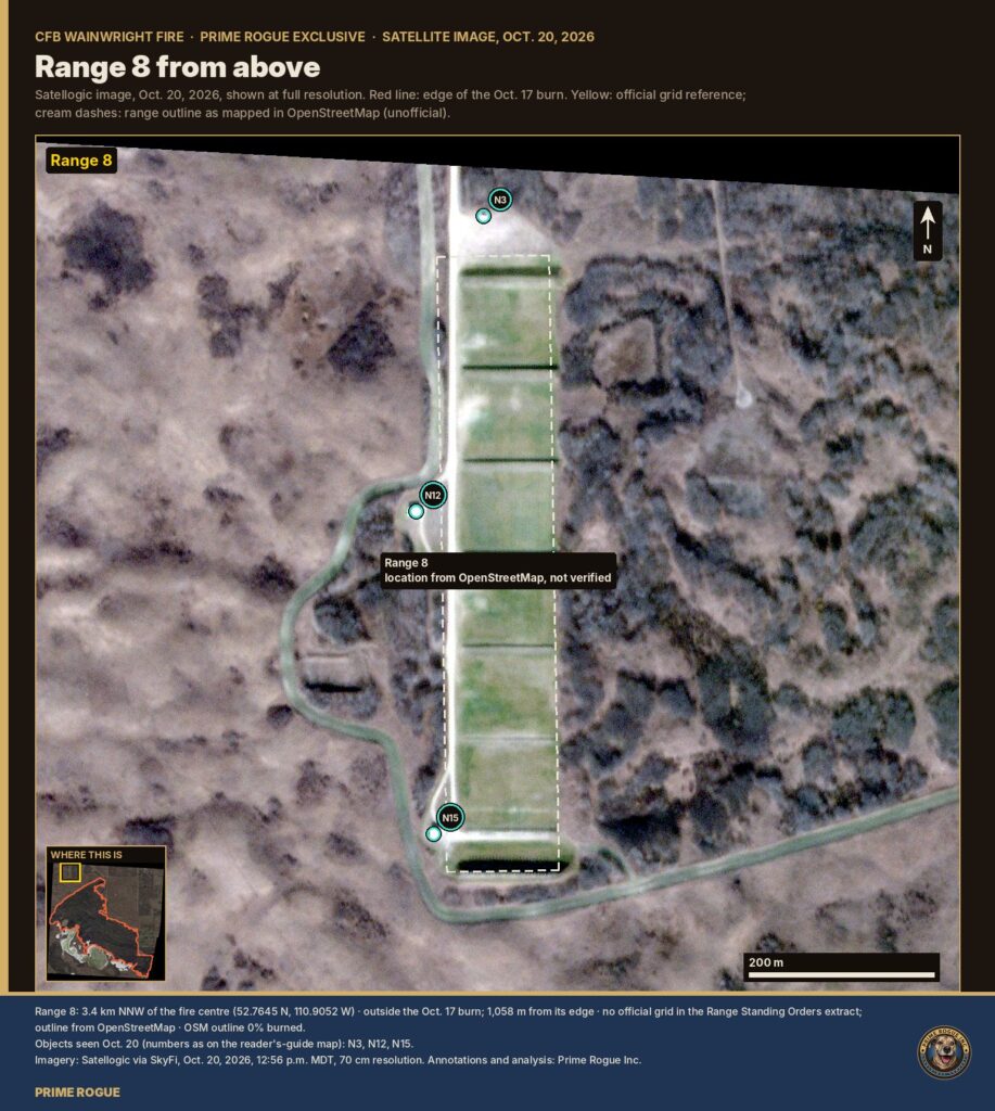 Satellite close-up of a long range lane and loop road north-west of the CFB Wainwright burn.