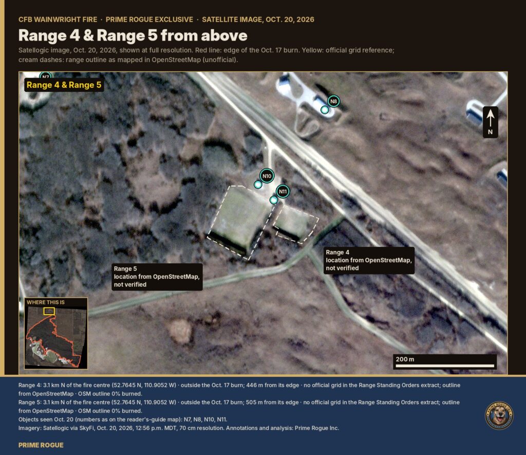  Satellite close-up of two small range areas and nearby buildings north of the CFB Wainwright burn.