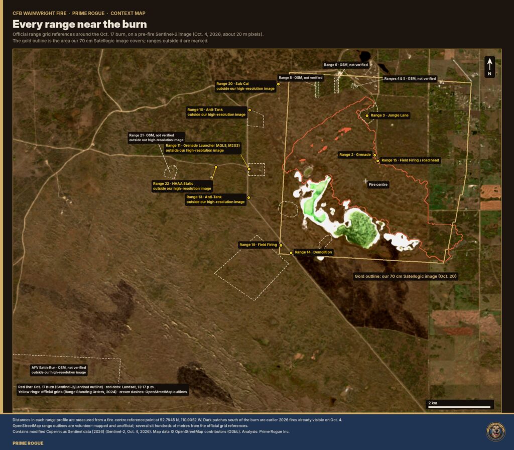 Map of the official range locations around the CFB Wainwright burn, showing which fall inside and outside Prime Rogue's satellite image.
