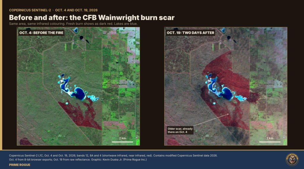 Two infrared satellite images of the same area side by side. On Oct. 4 the grassland north and east of the lakes is green-grey with one older dark-red scar to the south. On Oct. 19 a large new dark-red scar covers the area north and east of the lakes.