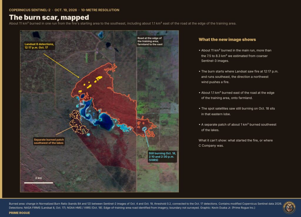 Map of the Oct. 19 burn scar outlined in red, with yellow Landsat detections at its northwest end, a cyan circle marking Oct. 18 hot spots at its southeast end past the road, and a separate dashed patch labelled as an Oct. 14 fire.