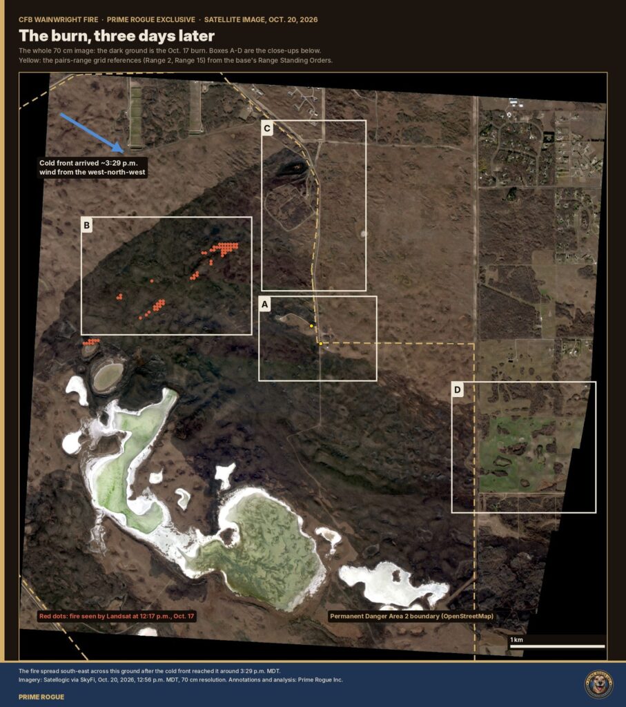 CFB Wainwright fire satellite image, Oct. 20, 2026: the dark Oct. 17 burn south of the base, with the 12:17 p.m. Landsat fire line in red and Range 2 and Range 15 in yellow
