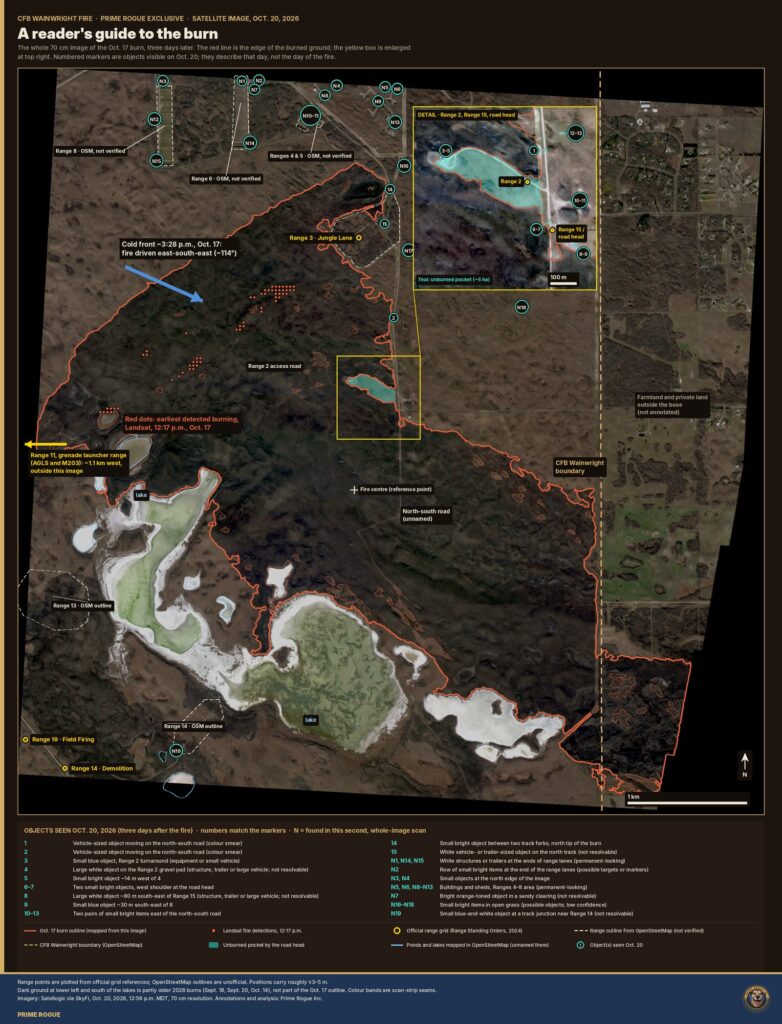 Annotated satellite map of the burned ground at CFB Wainwright, with the burn edge, range locations, roads and numbered objects marked.