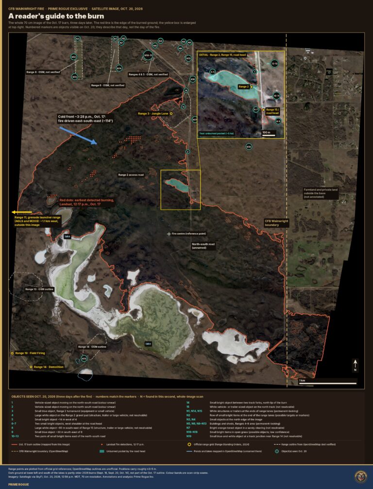 Annotated satellite map of the burned ground at CFB Wainwright, with the burn edge, range locations, roads and numbered objects marked.