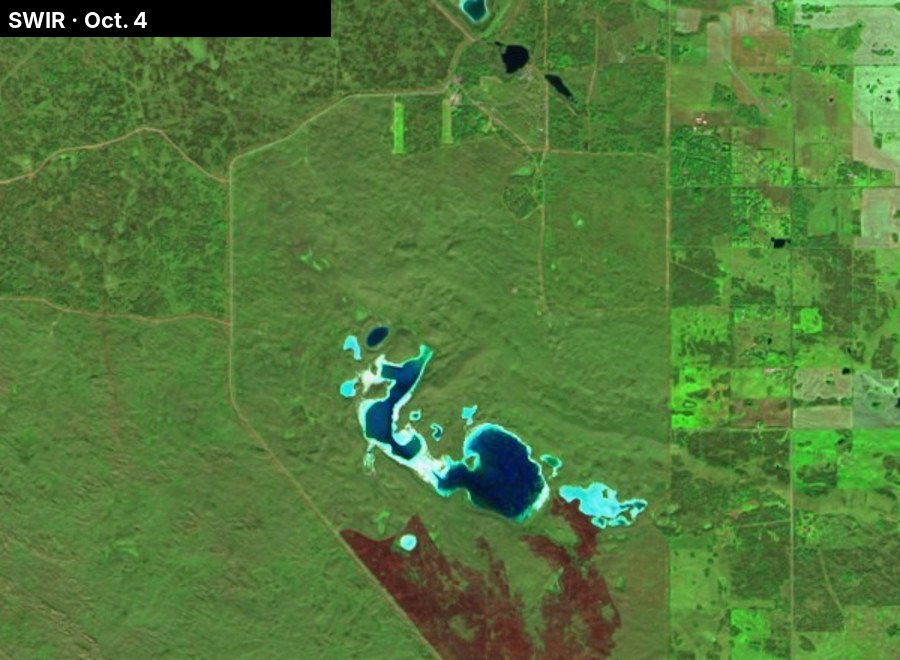 Sentinel-2 shortwave-infrared image of the training area on Oct. 4, 2026, showing Jamieson Lake and an older burn scar to the south.