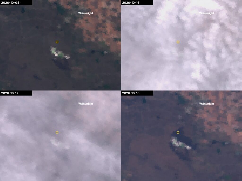 Sentinel-3 before-and-after panels for Oct. 4 and Oct. 18, with a change map. An orange outline marks an area at least 20 per cent darker on Oct. 18, starting at the Oct. 17 detections and running southeast.