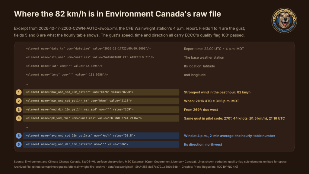 Excerpt of Environment Canada's raw SWOB file for the CFB Wainwright station's 4 p.m. report, with the four gust fields highlighted in gold (82.0 km/h, 21:16 UTC, 269 degrees, and the remark PK WND 2744 2116Z) and the two hourly-table fields in blue (50.8 km/h from 306 degrees).