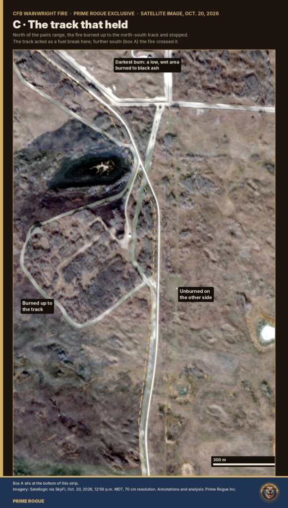 Satellite image showing the CFB Wainwright fire burned up to a north-south track and stopped, with unburned grass on the far side