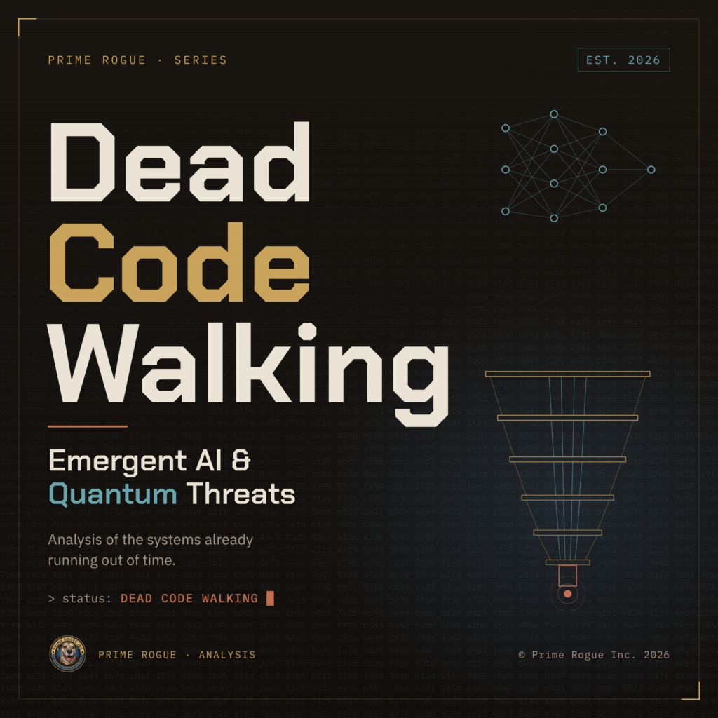 Series header for Dead Code Walking, a Prime Rogue analysis series on emergent AI and quantum threats: bold stacked lettering over faint hex ciphertext, with line drawings of a neural network and a quantum computer cryostat.