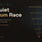 Header image for Dead Code Walking, Vol. 1, No. 1: "The Quiet Quantum Race" in gold and cream lettering over faint hex ciphertext, beside a line drawing of a quantum computer cryostat, with RSA-2048 struck through and marked "dead code walking."