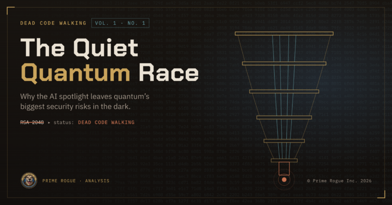 Header image for Dead Code Walking, Vol. 1, No. 1: "The Quiet Quantum Race" in gold and cream lettering over faint hex ciphertext, beside a line drawing of a quantum computer cryostat, with RSA-2048 struck through and marked "dead code walking."