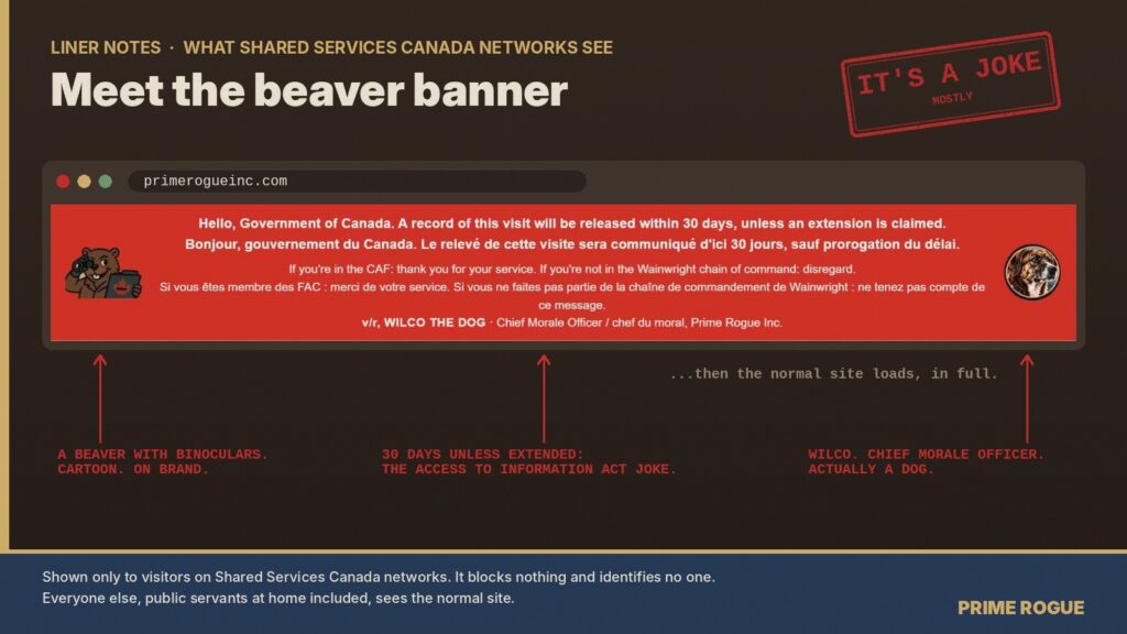 Screenshot of the red bilingual banner shown at the top of primerogueinc.com to Shared Services Canada networks, with a cartoon beaver holding binoculars, an access-to-information joke, thanks to Canadian Armed Forces members, and a sign-off from Wilco the dog with her photo.