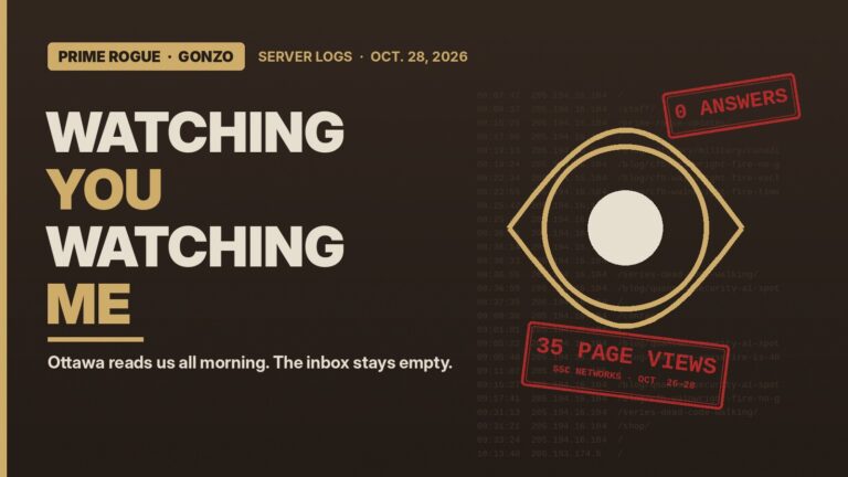 “Watching You Watching Me” in cream and gold beside a large gold eye over faint server-log lines, with red rubber stamps reading “35 page views, SSC networks, Oct. 26–28” and “0 answers.”