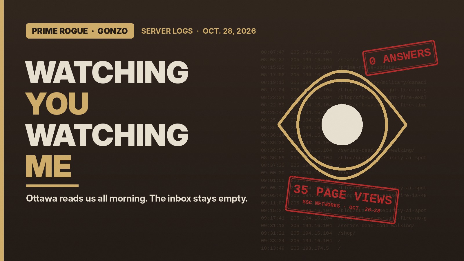 “Watching You Watching Me” in cream and gold beside a large gold eye over faint server-log lines, with red rubber stamps reading “35 page views, SSC networks, Oct. 26–28” and “0 answers.”