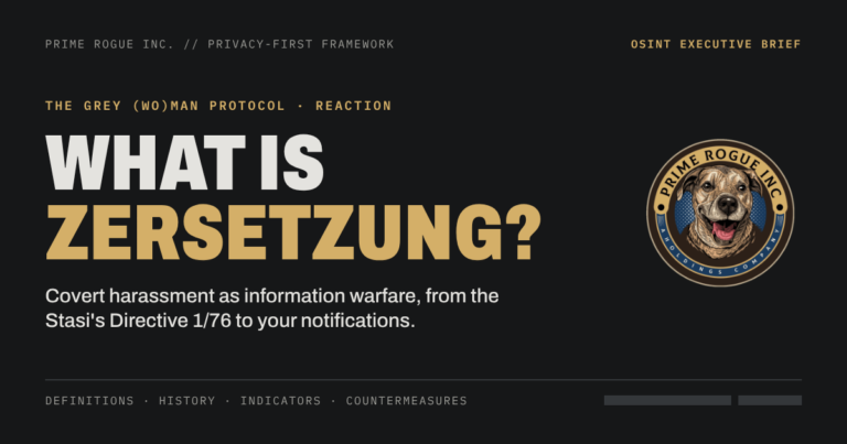 Prime Rogue Inc. header card reading "What is Zersetzung?" with the subtitle "Covert harassment as information warfare, from the Stasi's Directive 1/76 to your notifications," beside the Prime Rogue badge.