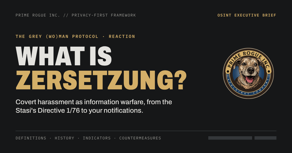 Prime Rogue Inc. header card reading "What is Zersetzung?" with the subtitle "Covert harassment as information warfare, from the Stasi's Directive 1/76 to your notifications," beside the Prime Rogue badge.